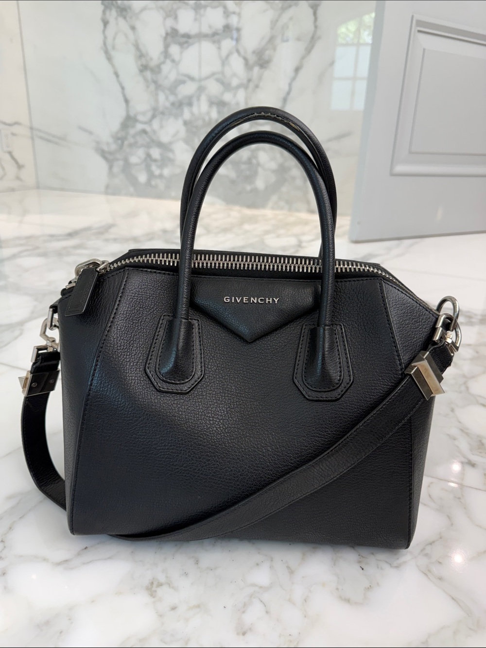 Givenchy Black Textured Leather Satchel with Detachable Strap